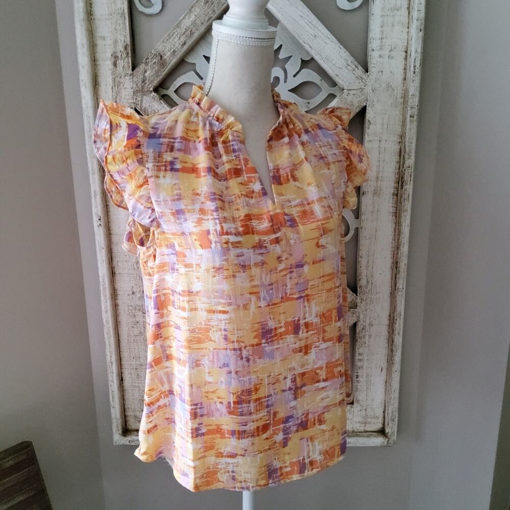 Nanette Lepore Women's Flutter Cap Sleeve V-Neck Ruffle Top Orange Watercolor